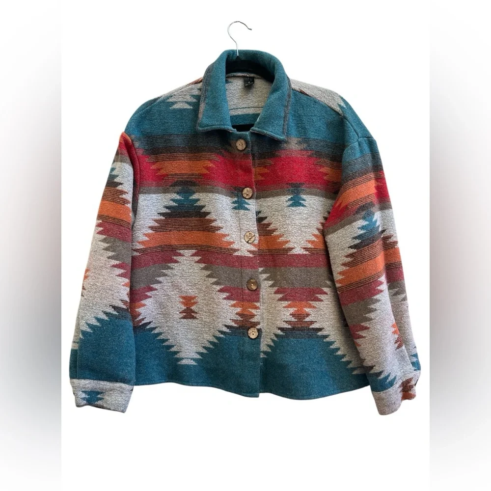 SHEIN Southwestern Aztec Button Jacket Teal Rust Western Shacket M - Picture 1 of 5